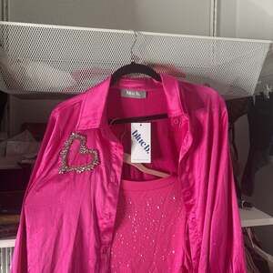 Blue B Hot Pink Rhinestone Satin Button-Up Blouse